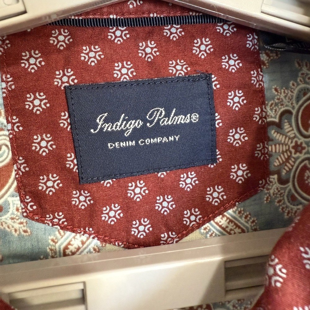 Indigo Palms Shirt Mens Large Maroon Blue Khaki Button Down Cotton Paisley - Picture 6 of 8